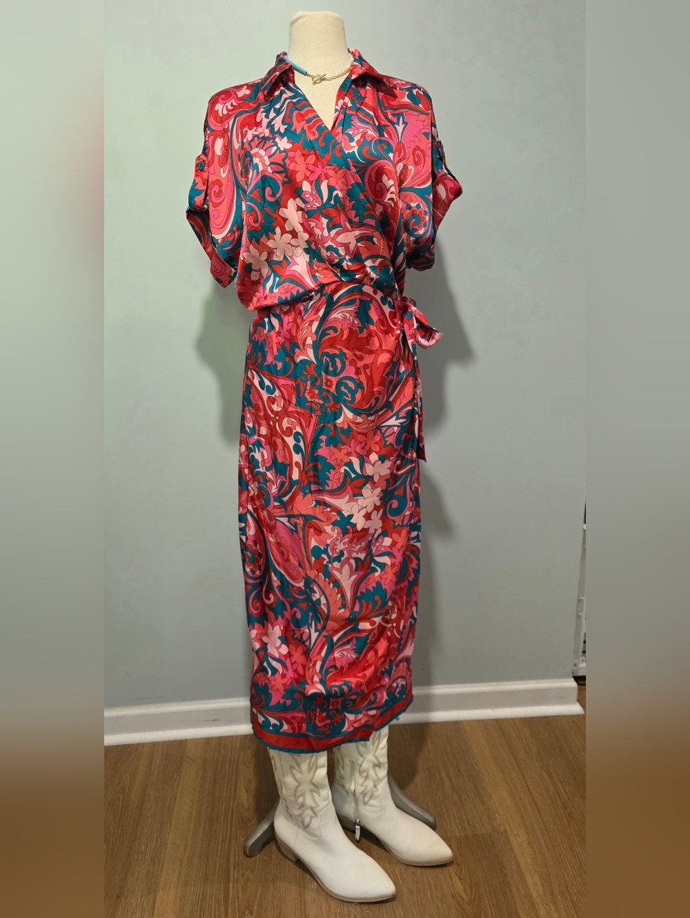 Entro Vibrant Pink Floral Wrap Midi Dress Sz L